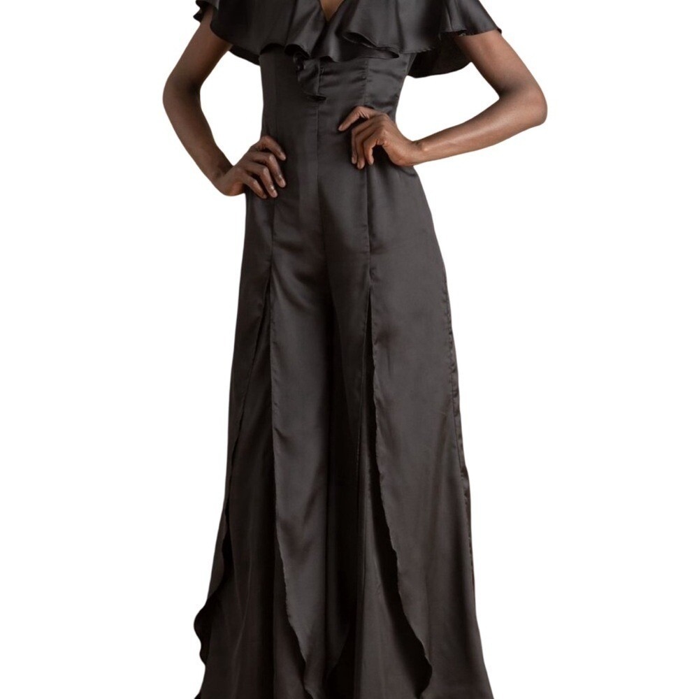 Andrea Iyamah Jumpsuit Black Wide Leg Ruffle Trim Size Small - Picture 11 of 11
